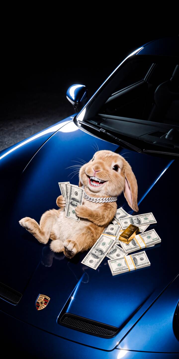 A cheerful rabbit, adorned with a dazzling diamond chain and surrounded by stacks of cash and a gold bar, poses on a sleek blue Porsche in this striking 4K wallpaper for iPhone. This opulent scene makes for an impressive mobile wallpaper. | money iphone porsche luxury rabbit bunny wallpaper mobile 4k wallpaper hd wallpaper wealth bling A cheerful rabbit, adorned with a dazzling diamond chain and surrounded by stacks of cash and a gold bar, poses on a sleek blue Porsche in this striking 4K wallpaper for iPhone. This opulent scene makes for an impressive mobile wallpaper.