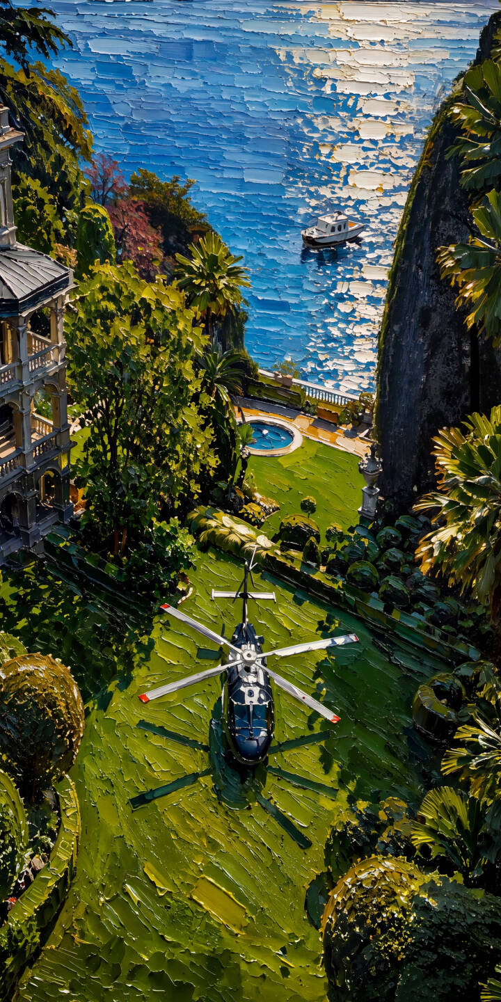 Thick impasto brushstrokes create a vibrant, textured oil painting of a black helicopter landed on a lush green estate overlooking a shimmering blue coastline, making a stunning 4K wallpaper for iPhone. This luxurious scene, complete with a grand villa and a small boat in the bay, offers a unique artistic wallpaper experience. | iphone luxury wallpaper oil painting mobile helicopter 4k wallpaper hd wallpaper coastal impasto seascape villa Thick impasto brushstrokes create a vibrant, textured oil painting of a black helicopter landed on a lush green estate overlooking a shimmering blue coastline, making a stunning 4K wallpaper for iPhone. This luxurious scene, complete with a grand villa and a small boat in the bay, offers a unique artistic wallpaper experience.
