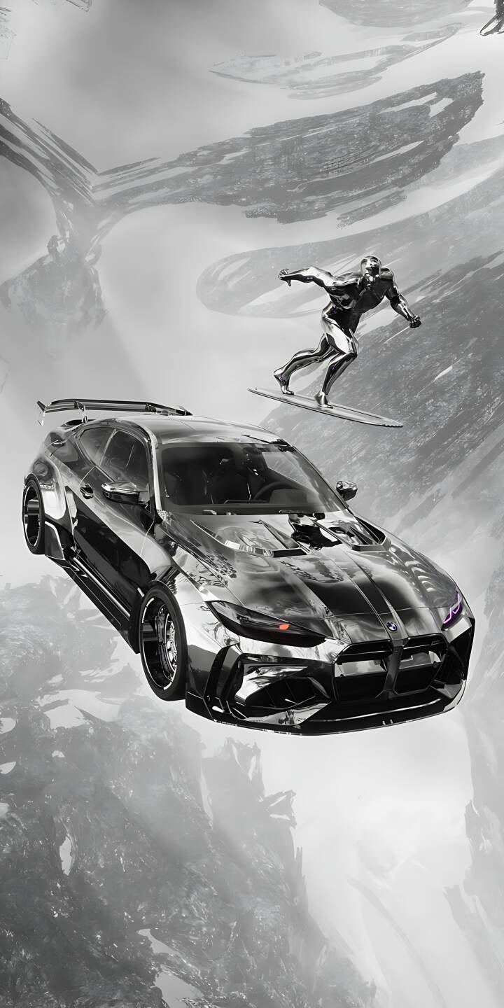 A gleaming chrome BMW M4 coupe appears to float weightlessly beside a dynamic silver surfer, both reflecting the ethereal, abstract background in this striking 4K wallpaper. This futuristic scene makes a unique and captivating wallpaper for iPhone users seeking a blend of automotive and sci-fi aesthetic. | chrome iphone bmw abstract wallpaper futuristic bmw m4 silver surfer mobile metallic 4k wallpaper hd wallpaper A gleaming chrome BMW M4 coupe appears to float weightlessly beside a dynamic silver surfer, both reflecting the ethereal, abstract background in this striking 4K wallpaper. This futuristic scene makes a unique and captivating wallpaper for iPhone users seeking a blend of automotive and sci-fi aesthetic.