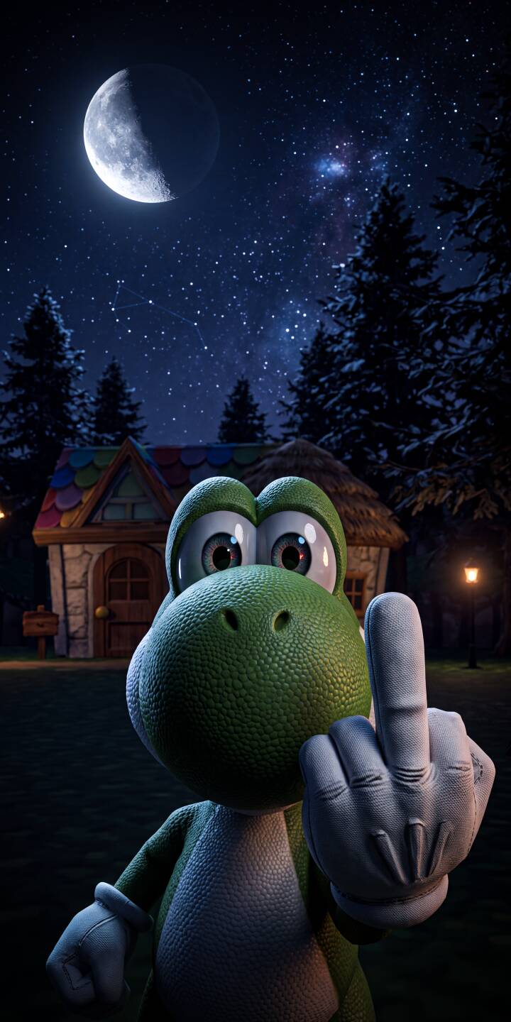 Under a sparkling moonlit night sky, Yoshi delivers an unexpected, defiant gesture directly to the viewer in this edgy 4K wallpaper for iPhone, showcasing his textured green skin and glowing eyes against a backdrop of pine trees. This unique wallpaper perfectly captures an iconic character's rebellious side. | funny night sky nintendo iphone yoshi wallpaper super mario mobile 4k wallpaper hd wallpaper moonlit defiant Under a sparkling moonlit night sky, Yoshi delivers an unexpected, defiant gesture directly to the viewer in this edgy 4K wallpaper for iPhone, showcasing his textured green skin and glowing eyes against a backdrop of pine trees. This unique wallpaper perfectly captures an iconic character's rebellious side.
