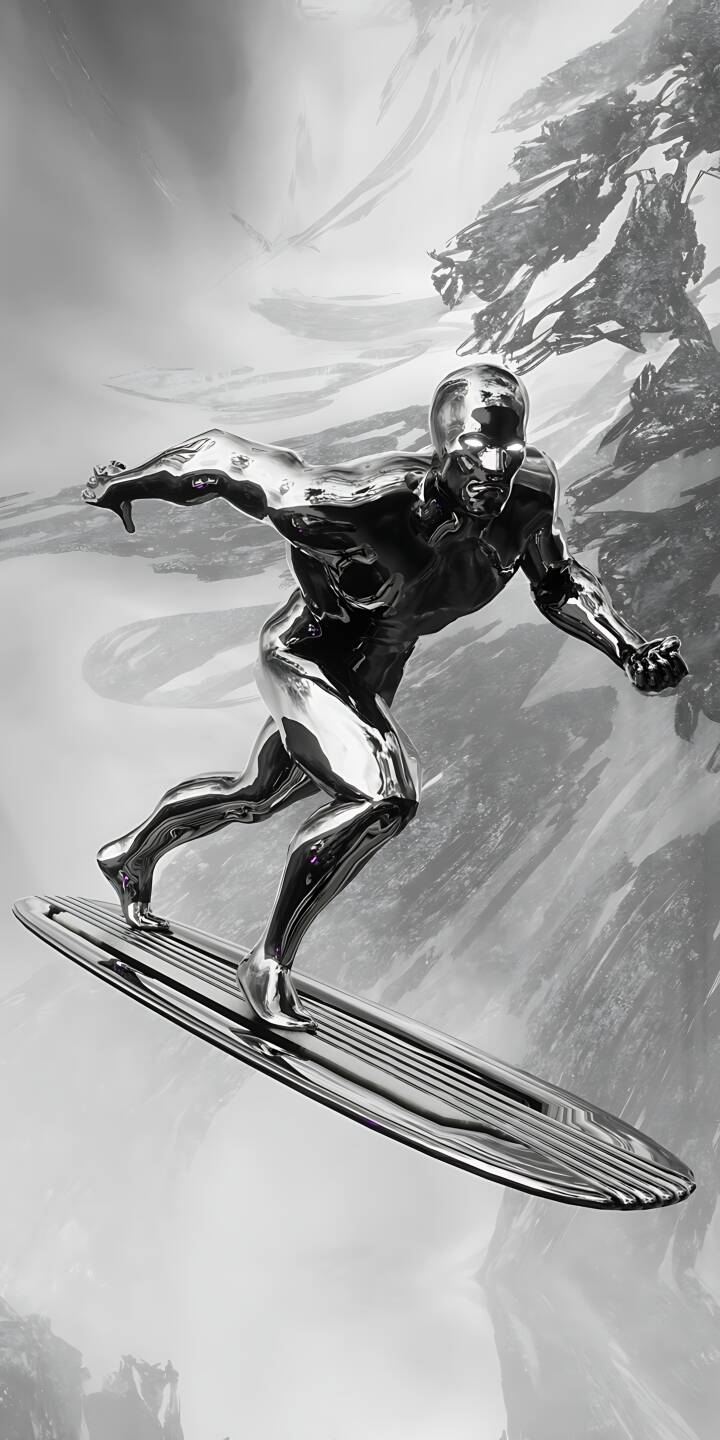 The iconic Silver Surfer shines with a brilliant chromatic sheen, his reflective body caught in a dynamic surfing pose across a striking monochromatic grey background in this stunning 4K wallpaper. This epic Marvel wallpaper is a perfect fit for any iPhone. | chrome marvel iphone wallpaper silver surfer mobile 4k wallpaper hd wallpaper monochrome cosmic norrin radd The iconic Silver Surfer shines with a brilliant chromatic sheen, his reflective body caught in a dynamic surfing pose across a striking monochromatic grey background in this stunning 4K wallpaper. This epic Marvel wallpaper is a perfect fit for any iPhone.