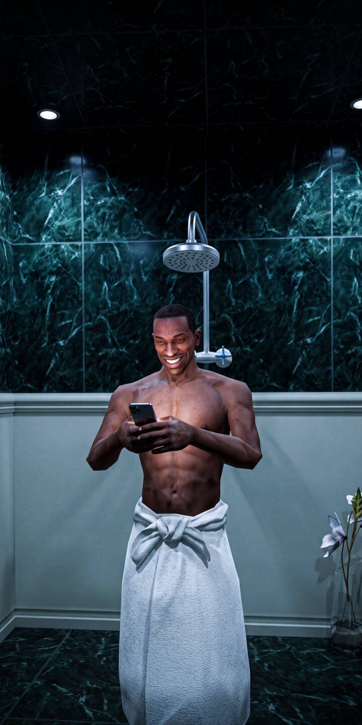 A genuinely happy, smiling man in a white towel checks his glowing smartphone, standing within a luxurious shower adorned with dark green marble tiles, creating a striking 4K wallpaper. This stunning wallpaper is perfect for any iPhone, adding a touch of modern comfort to your screen. | man smile phone iphone realistic wallpaper mobile 4k wallpaper hd wallpaper towel shower A genuinely happy, smiling man in a white towel checks his glowing smartphone, standing within a luxurious shower adorned with dark green marble tiles, creating a striking 4K wallpaper. This stunning wallpaper is perfect for any iPhone, adding a touch of modern comfort to your screen.