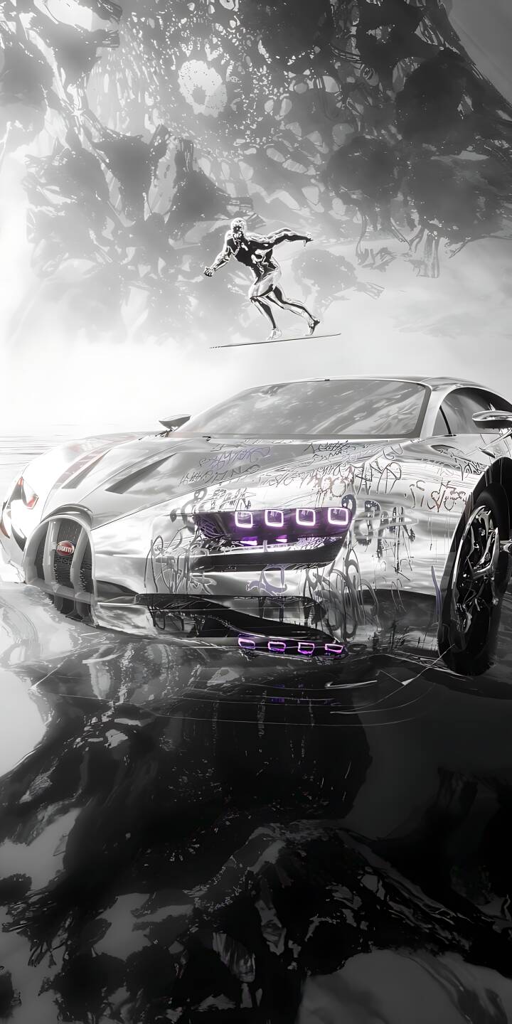 The Silver Surfer glides above a stunning chrome car with glowing purple headlights in this futuristic 4K wallpaper. Perfect for your iPhone, this wallpaper captures an epic sci-fi scene. | chrome marvel iphone cyberpunk wallpaper futuristic comic silver surfer mobile 4k wallpaper hd wallpaper sci-fi The Silver Surfer glides above a stunning chrome car with glowing purple headlights in this futuristic 4K wallpaper. Perfect for your iPhone, this wallpaper captures an epic sci-fi scene.