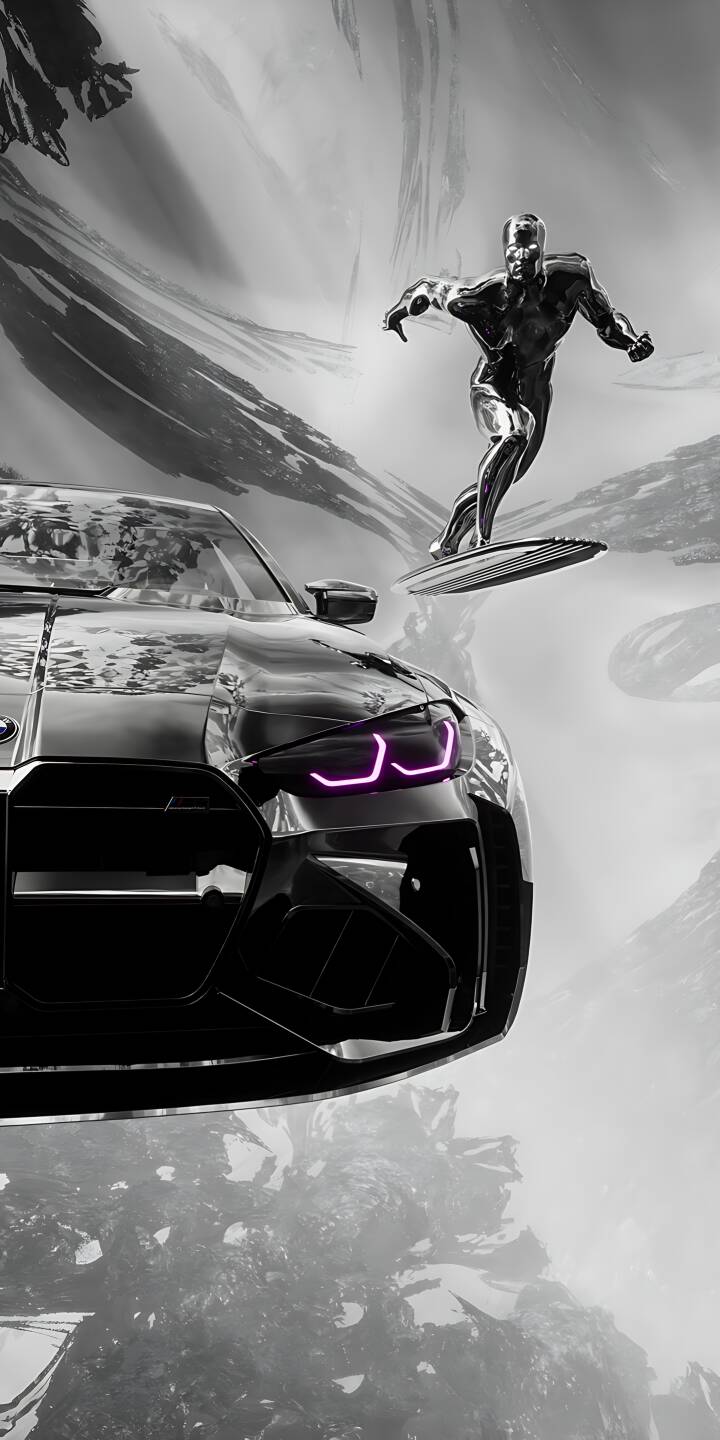 Sleek purple headlights glow on a futuristic black BMW M car as the iconic Silver Surfer glides alongside on his board in this stunning 4K wallpaper. This dynamic wallpaper is perfect for iPhone users who love a blend of sci-fi and automotive luxury. | car marvel iphone wallpaper futuristic silver surfer mobile 4k wallpaper hd wallpaper monochrome purple neon bmw m Sleek purple headlights glow on a futuristic black BMW M car as the iconic Silver Surfer glides alongside on his board in this stunning 4K wallpaper. This dynamic wallpaper is perfect for iPhone users who love a blend of sci-fi and automotive luxury.