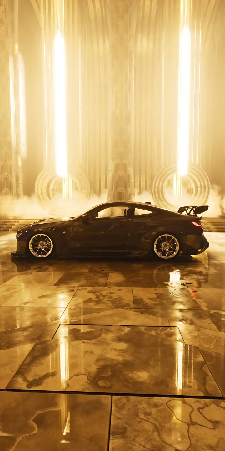 Dramatic golden light beams illuminate the wet, reflective floor where a sleek, dark modified BMW M4, featuring a prominent rear spoiler and custom wheels, rests in this stunning 4K wallpaper. This captivating automotive wallpaper for iPhone captures an opulent, futuristic scene, perfect for car enthusiasts. | aesthetic sports car iphone bmw wallpaper bmw m4 mobile 4k wallpaper hd wallpaper automotive golden light reflections Dramatic golden light beams illuminate the wet, reflective floor where a sleek, dark modified BMW M4, featuring a prominent rear spoiler and custom wheels, rests in this stunning 4K wallpaper. This captivating automotive wallpaper for iPhone captures an opulent, futuristic scene, perfect for car enthusiasts.