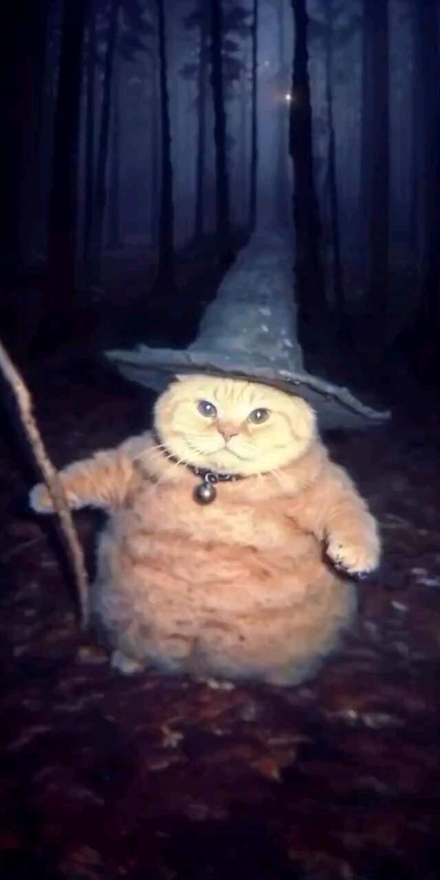 A lovable, chonky orange cat, adorned in a wizard hat and holding a staff, stands curiously amidst the dark, misty trees in this enchanting 4K wallpaper, making it a perfect mystical companion wallpaper for your iPhone. | cats A lovable, chonky orange cat, adorned in a wizard hat and holding a staff, stands curiously amidst the dark, misty trees in this enchanting 4K wallpaper, making it a perfect mystical companion wallpaper for your iPhone.
