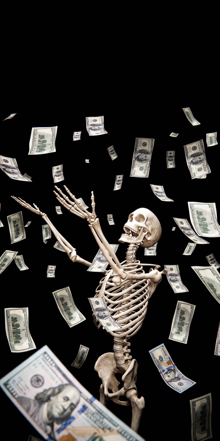 Hundreds of crisp dollar bills shower down around a gleefully posed skeleton, arms outstretched to catch the raining cash in this striking 4K wallpaper. This opulent visual, set against a dark background, makes an impressive wallpaper for iPhone. | dark skeleton cash money greed iphone wallpaper mobile 4k wallpaper hd wallpaper dollar bills raining money Hundreds of crisp dollar bills shower down around a gleefully posed skeleton, arms outstretched to catch the raining cash in this striking 4K wallpaper. This opulent visual, set against a dark background, makes an impressive wallpaper for iPhone.