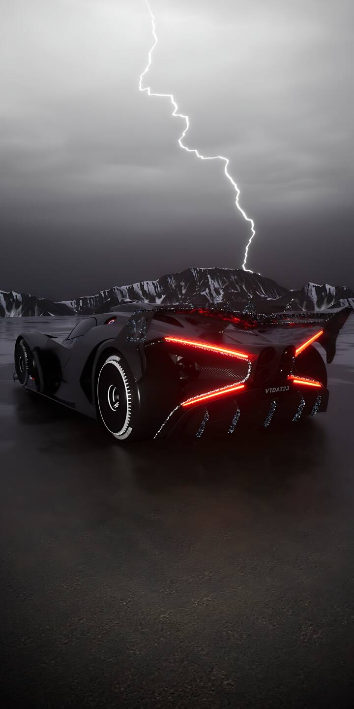 A fierce lightning bolt illuminates snow-capped mountains behind a futuristic dark supercar, its striking red taillights cutting through the gloom, creating a dramatic 4K wallpaper that's a powerful choice for any iPhone. This epic scene makes a captivating mobile wallpaper. | aesthetic lightning dark storm iphone supercar wallpaper mobile 4k wallpaper hd wallpaper render futuristic car A fierce lightning bolt illuminates snow-capped mountains behind a futuristic dark supercar, its striking red taillights cutting through the gloom, creating a dramatic 4K wallpaper that's a powerful choice for any iPhone. This epic scene makes a captivating mobile wallpaper.