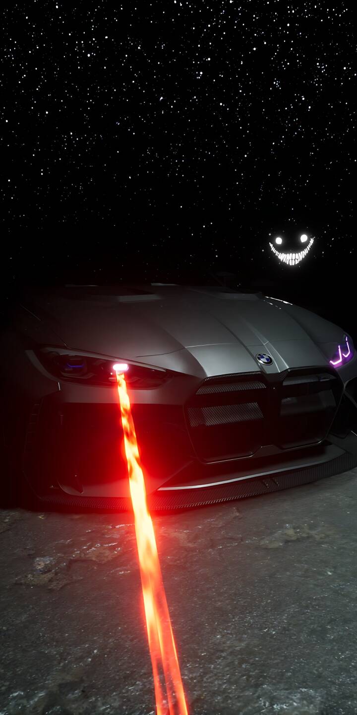 A menacing red laser bursts from the headlight of a sleek BMW, as a glowing sinister smile appears beneath a starry night sky in this dramatic 4K wallpaper. This stunning visual makes for an excellent iPhone wallpaper. | car dark night laser iphone bmw wallpaper futuristic mobile 4k wallpaper hd wallpaper glowing smile A menacing red laser bursts from the headlight of a sleek BMW, as a glowing sinister smile appears beneath a starry night sky in this dramatic 4K wallpaper. This stunning visual makes for an excellent iPhone wallpaper.