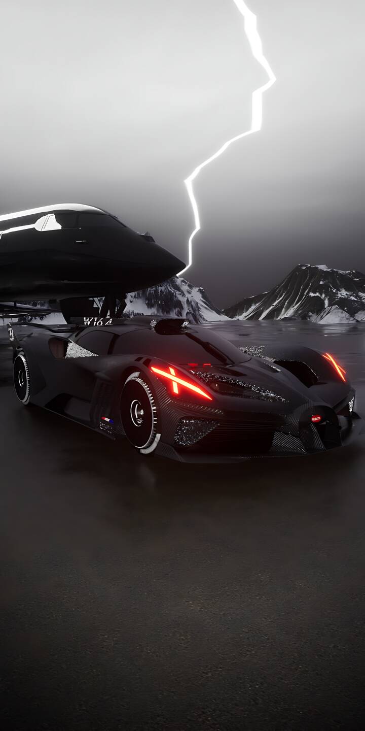 A brilliant lightning bolt illuminates a sleek matte black Bugatti Bolide hypercar, its fierce red LEDs cutting through the stormy darkness in this stunning 4K wallpaper. This dramatic car wallpaper is a must-have for iPhone enthusiasts. | lightning dark iphone bugatti supercar wallpaper hypercar mobile 4k wallpaper hd wallpaper automotive bolide A brilliant lightning bolt illuminates a sleek matte black Bugatti Bolide hypercar, its fierce red LEDs cutting through the stormy darkness in this stunning 4K wallpaper. This dramatic car wallpaper is a must-have for iPhone enthusiasts.