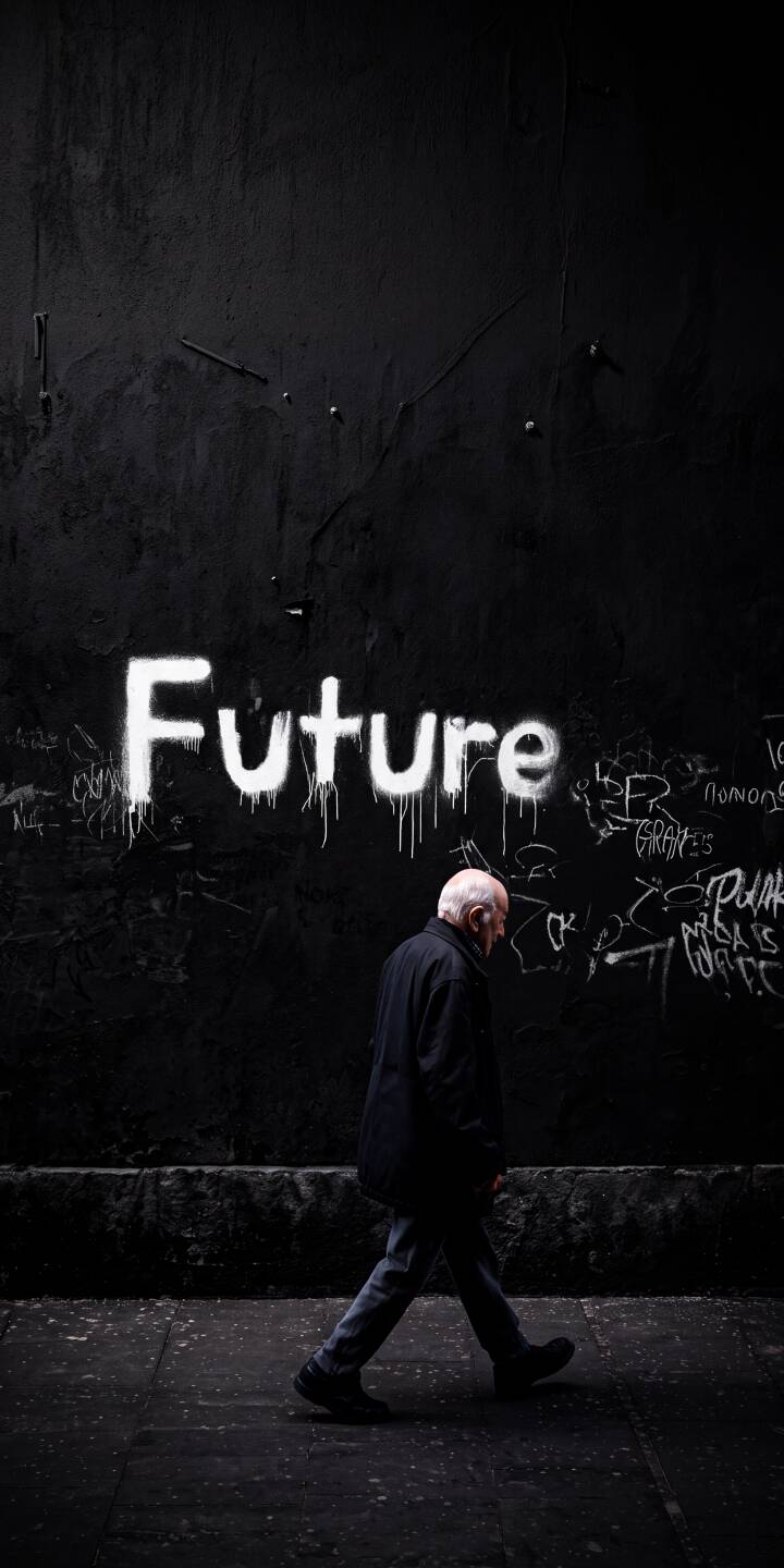 The stark white "Future" graffiti glows against a dark, textured wall as an elderly man walks by, creating a poignant contrast in this thought-provoking 4K wallpaper. This powerful wallpaper for iPhone captures a moment of quiet reflection, perfect for any mobile device. | future urban dark street art iphone wallpaper graffiti mobile 4k wallpaper hd wallpaper conceptual old man The stark white "Future" graffiti glows against a dark, textured wall as an elderly man walks by, creating a poignant contrast in this thought-provoking 4K wallpaper. This powerful wallpaper for iPhone captures a moment of quiet reflection, perfect for any mobile device.