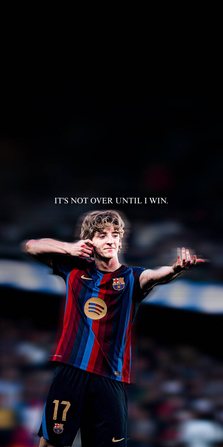 Wearing the iconic blue and red striped FC Barcelona kit, Gavi raises his arms in a triumphant celebration in this electrifying 4K wallpaper for iPhone. The inspiring quote "IT'S NOT OVER UNTIL I WIN." underscores his fierce determination, making it a compelling mobile wallpaper for fans. | football celebration iphone soccer wallpaper fc barcelona mobile 4k wallpaper hd wallpaper midfielder inspirational anthony gordon Wearing the iconic blue and red striped FC Barcelona kit, Gavi raises his arms in a triumphant celebration in this electrifying 4K wallpaper for iPhone. The inspiring quote "IT'S NOT OVER UNTIL I WIN." underscores his fierce determination, making it a compelling mobile wallpaper for fans.