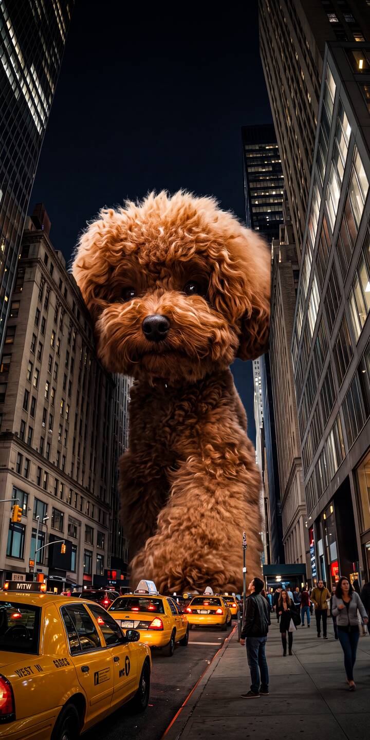 Towering over busy New York City streets, an enormous, fluffy brown poodle commands attention, its colossal form filling the gap between skyscrapers in this striking 4K wallpaper – a truly unique wallpaper for iPhone users who love creative and grand scales. | urban dog iphone fantasy wallpaper mobile new york city 4k wallpaper hd wallpaper surreal poodle giant dog Towering over busy New York City streets, an enormous, fluffy brown poodle commands attention, its colossal form filling the gap between skyscrapers in this striking 4K wallpaper – a truly unique wallpaper for iPhone users who love creative and grand scales.