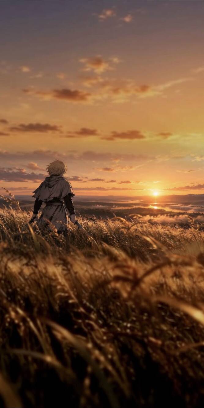 A lone traveler stands in a vast, sun-drenched golden field, gazing at the magnificent orange sunset horizon in this stunning 4K wallpaper for iPhone, a perfect background wallpaper to inspire wanderlust. | anime A lone traveler stands in a vast, sun-drenched golden field, gazing at the magnificent orange sunset horizon in this stunning 4K wallpaper for iPhone, a perfect background wallpaper to inspire wanderlust.