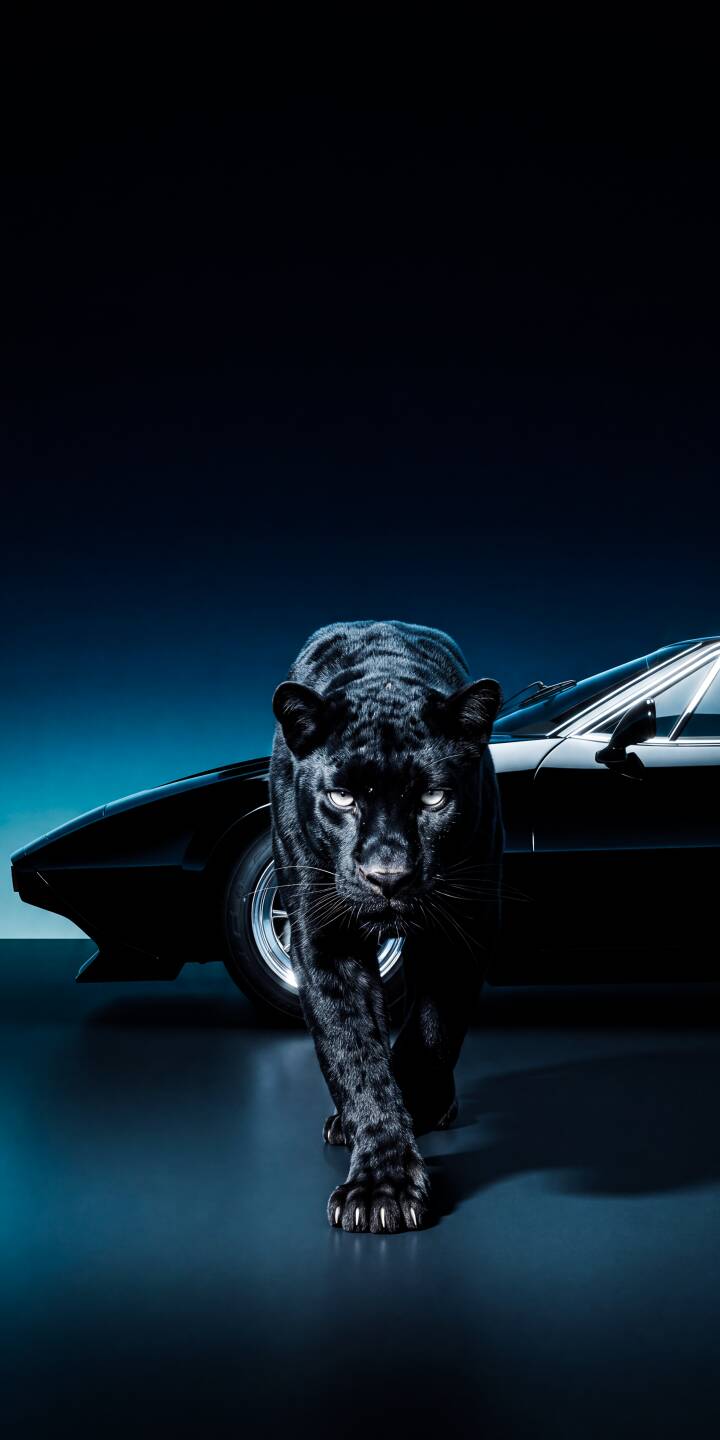A majestic black panther with piercing, luminous eyes stalks forward, its sleek form contrasting beautifully against a classic black sports car in this stunning 4K wallpaper. This atmospheric image, bathed in deep blue hues, is a perfect wallpaper for iPhone users seeking powerful and elegant aesthetics. | sports car iphone panther wallpaper black panther mobile elegant 4k wallpaper hd wallpaper dark aesthetic feline blue lighting A majestic black panther with piercing, luminous eyes stalks forward, its sleek form contrasting beautifully against a classic black sports car in this stunning 4K wallpaper. This atmospheric image, bathed in deep blue hues, is a perfect wallpaper for iPhone users seeking powerful and elegant aesthetics.