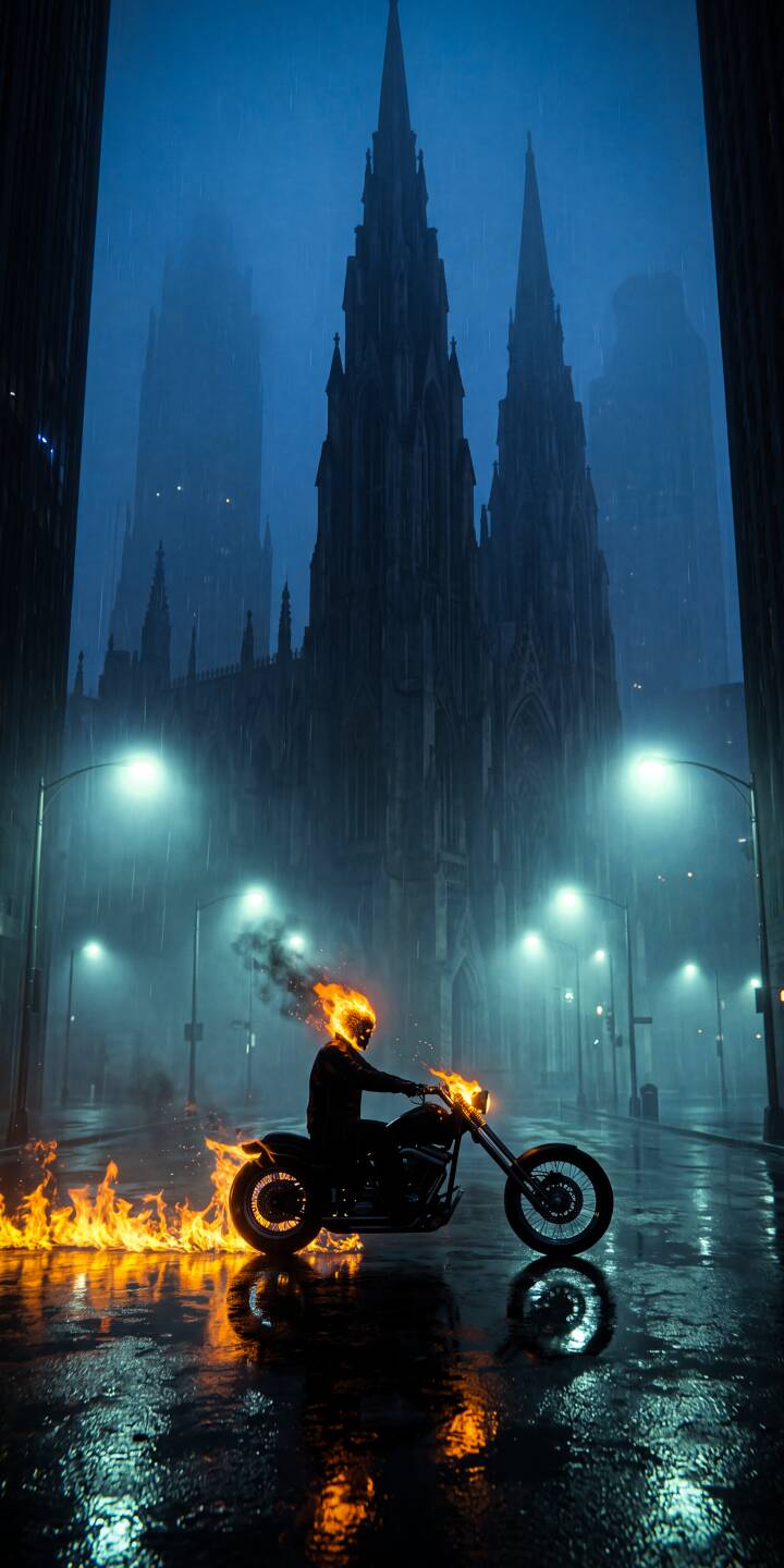 Fiery flames engulf the head and trail behind the motorcycle of a terrifying figure, illuminating a dark, rain-slicked city street in this striking 4K wallpaper. This intense supernatural wallpaper, set against towering Gothic spires, is perfect for any iPhone. | dark motorcycle fire gothic marvel iphone wallpaper mobile 4k wallpaper hd wallpaper ghost rider Fiery flames engulf the head and trail behind the motorcycle of a terrifying figure, illuminating a dark, rain-slicked city street in this striking 4K wallpaper. This intense supernatural wallpaper, set against towering Gothic spires, is perfect for any iPhone.
