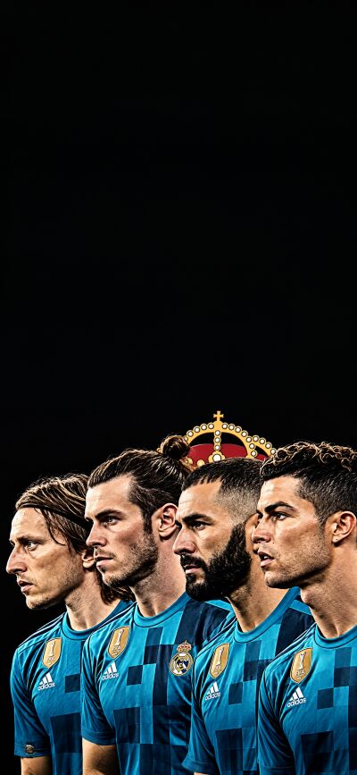 Four prominent Real Madrid figures, including Zinedine Zidane, Marcelo, Sergio Ramos, and Casemiro, stand boldly in their iconic blue kits against a sleek black background, topped by a subtle golden crown. This immersive 4K wallpaper for your iPhone beautifully captures the spirit of Real Madrid, forming the left half of a seamless matching wallpaper designed for a shared dual-screen display.
