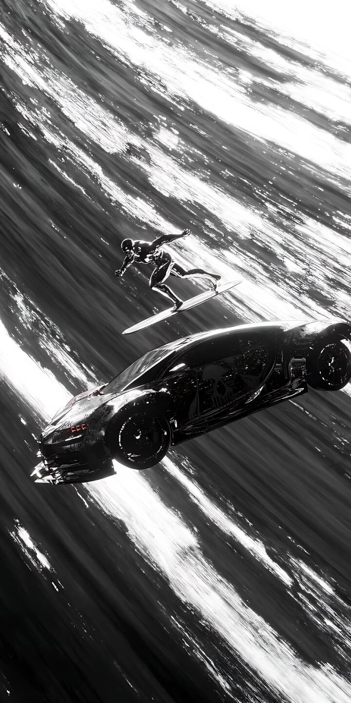 The Silver Surfer carves through an abstract monochrome cosmos alongside a sleek black sports car in this stunning 4K wallpaper. This dynamic sci-fi wallpaper is perfect for any iPhone. | sports car superhero marvel iphone wallpaper futuristic silver surfer mobile 4k wallpaper hd wallpaper monochrome cosmic The Silver Surfer carves through an abstract monochrome cosmos alongside a sleek black sports car in this stunning 4K wallpaper. This dynamic sci-fi wallpaper is perfect for any iPhone.