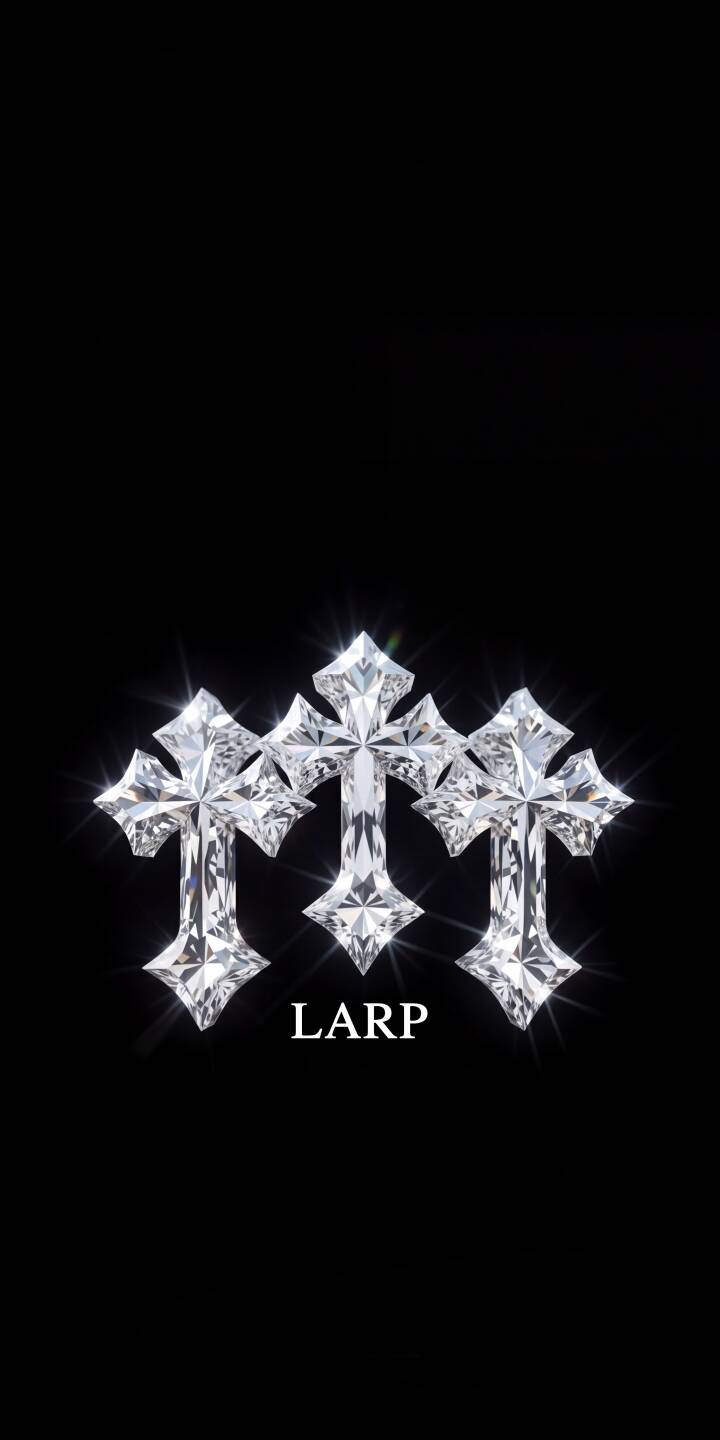 Three intensely sparkling diamond crosses, gleaming with sharp facets, stand out boldly against a deep black background, accompanied by the distinct 'LARP' text in this elegant 4K wallpaper. This stunning visual makes it a luxurious choice for an iPhone wallpaper. | iphone luxury crosses wallpaper sparkling chrome hearts mobile 4k wallpaper hd wallpaper dark aesthetic diamond cross larp Three intensely sparkling diamond crosses, gleaming with sharp facets, stand out boldly against a deep black background, accompanied by the distinct 'LARP' text in this elegant 4K wallpaper. This stunning visual makes it a luxurious choice for an iPhone wallpaper.