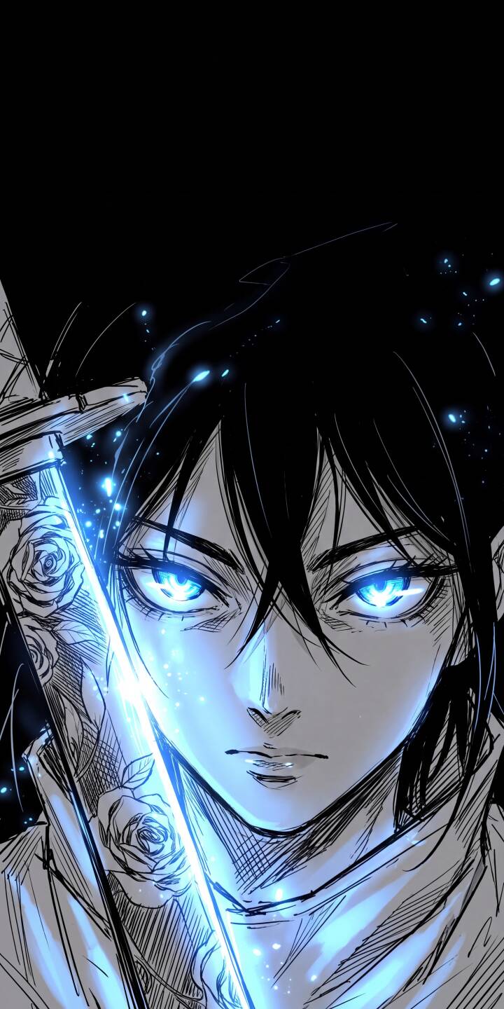 The warrior's intense blue eyes glow fiercely as brilliant blue energy emanates from their blade, intricately detailed with rose patterns, in this striking 4K wallpaper. This powerful image is a must-have wallpaper for iPhone, capturing a mystic and determined aura. | warrior anime iphone wallpaper blue eyes mobile 4k wallpaper hd wallpaper swordsman dark aesthetic mystic glowing sword The warrior's intense blue eyes glow fiercely as brilliant blue energy emanates from their blade, intricately detailed with rose patterns, in this striking 4K wallpaper. This powerful image is a must-have wallpaper for iPhone, capturing a mystic and determined aura.