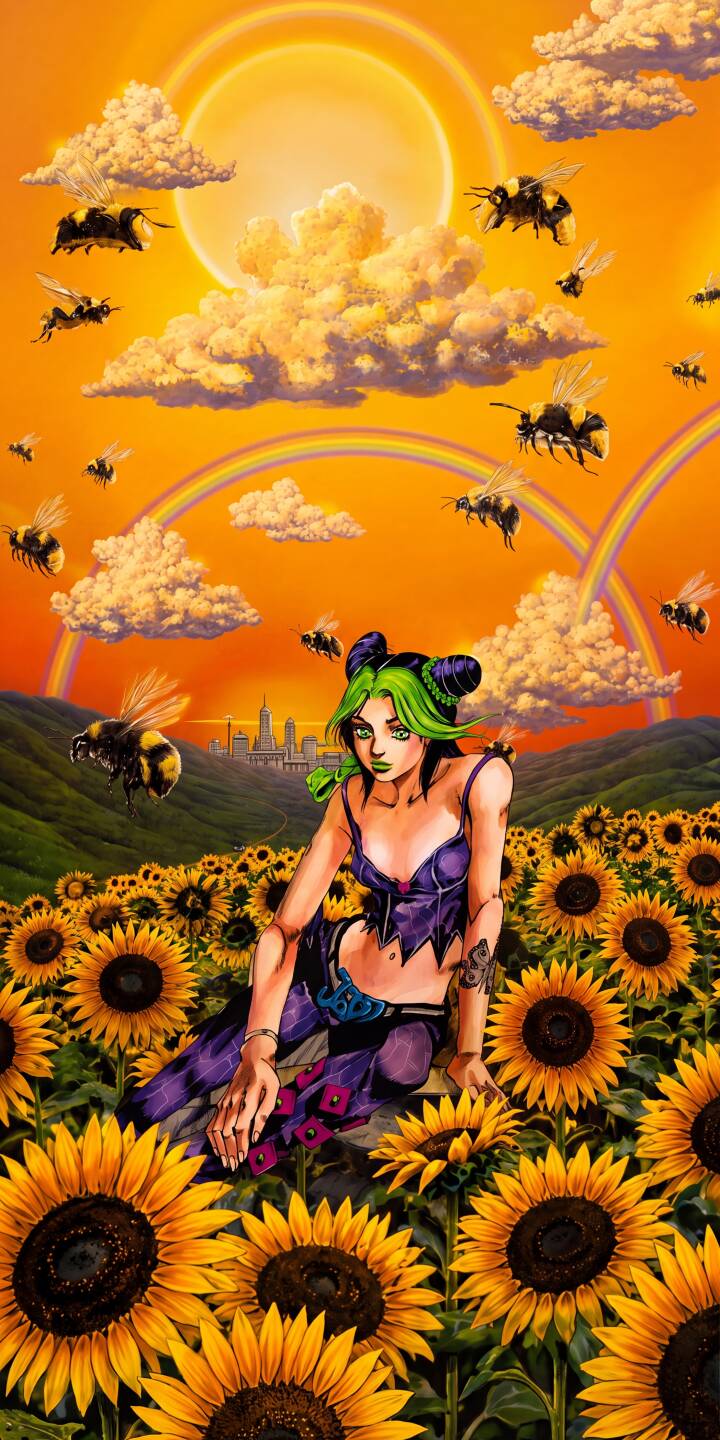 Jolyne Cujoh sits serenely amidst a field of vibrant sunflowers, her green hair contrasting with the orange, rainbow-streaked sky filled with bumblebees in this striking 4K wallpaper. This captivating JoJo's Bizarre Adventure wallpaper is perfect for personalizing your iPhone. | anime iphone wallpaper vibrant jojo mobile bees sunflowers 4k wallpaper hd wallpaper jolyne cujoh jolyne Jolyne Cujoh sits serenely amidst a field of vibrant sunflowers, her green hair contrasting with the orange, rainbow-streaked sky filled with bumblebees in this striking 4K wallpaper. This captivating JoJo's Bizarre Adventure wallpaper is perfect for personalizing your iPhone.