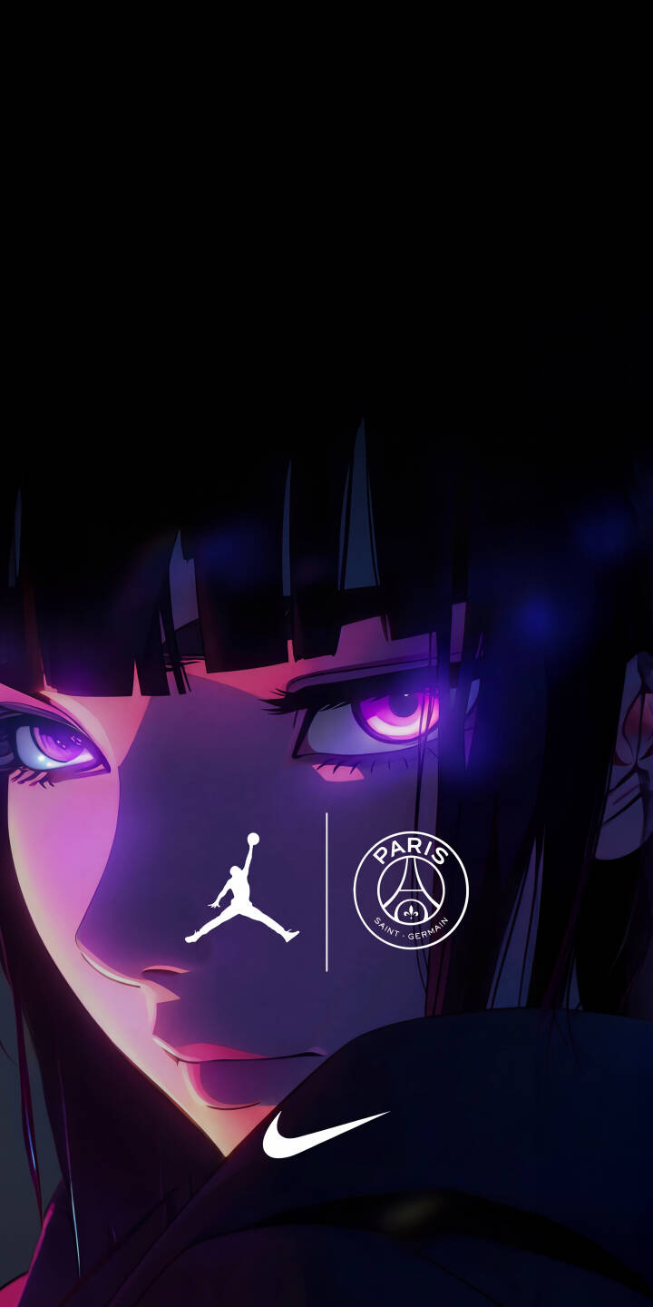 Deep purple eyes glow with fierce intensity, framed by sharp dark bangs, in this captivating 4K anime girl wallpaper, featuring iconic Jordan, PSG, and Nike branding. It's a striking minimalist wallpaper, perfect for iPhone screens looking for a sleek, edgy aesthetic. | purple neon anime jordan nike iphone wallpaper psg anime girl mobile 4k wallpaper hd wallpaper Deep purple eyes glow with fierce intensity, framed by sharp dark bangs, in this captivating 4K anime girl wallpaper, featuring iconic Jordan, PSG, and Nike branding. It's a striking minimalist wallpaper, perfect for iPhone screens looking for a sleek, edgy aesthetic.