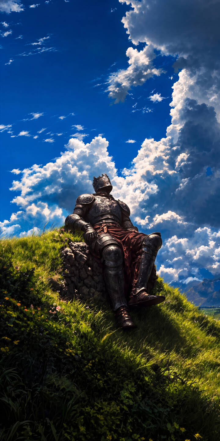 The worn, dark armor of a medieval knight gleams under a dramatic blue sky as he rests contemplatively on a lush green hill in this striking 4K wallpaper -- an ideal high-resolution wallpaper for your iPhone. | sky armor knight medieval iphone fantasy clouds wallpaper mobile 4k wallpaper hd wallpaper contemplative The worn, dark armor of a medieval knight gleams under a dramatic blue sky as he rests contemplatively on a lush green hill in this striking 4K wallpaper -- an ideal high-resolution wallpaper for your iPhone.