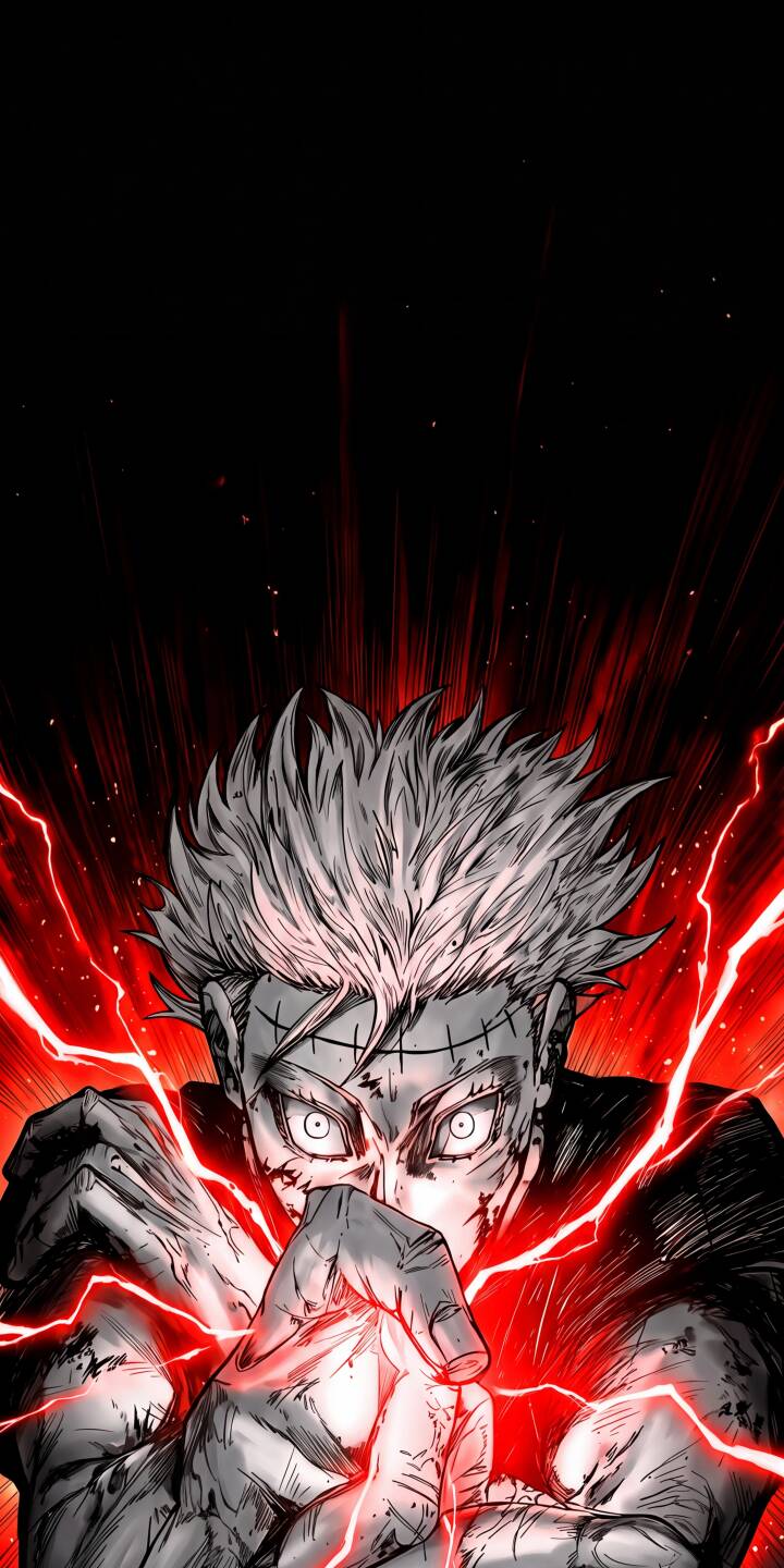 Red lightning crackles around Sukuna's menacing hands and face, whose eyes glow fiercely in this powerful 4K wallpaper. This intense anime wallpaper is perfect for any iPhone, capturing his cursed energy. | anime iphone wallpaper sukuna mobile 4k wallpaper hd wallpaper dark aesthetic cursed spirit red energy jujutsu kaisen yuji itadori Red lightning crackles around Sukuna's menacing hands and face, whose eyes glow fiercely in this powerful 4K wallpaper. This intense anime wallpaper is perfect for any iPhone, capturing his cursed energy.