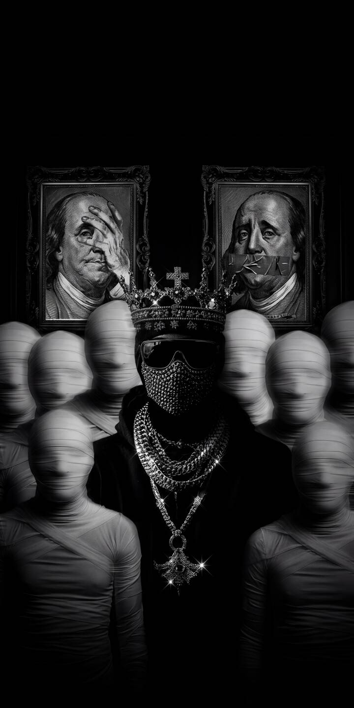 A resplendent diamond-encrusted mask and shining crown adorn the central figure in this striking black and white 4K wallpaper. Surrounded by enigmatic mummified figures and Benjamin Franklin portraits, this opulent and mysterious wallpaper is perfect for any iPhone. | crown iphone wallpaper grayscale diamonds mystery mobile 4k wallpaper hd wallpaper benjamin franklin dark art masked figure A resplendent diamond-encrusted mask and shining crown adorn the central figure in this striking black and white 4K wallpaper. Surrounded by enigmatic mummified figures and Benjamin Franklin portraits, this opulent and mysterious wallpaper is perfect for any iPhone.