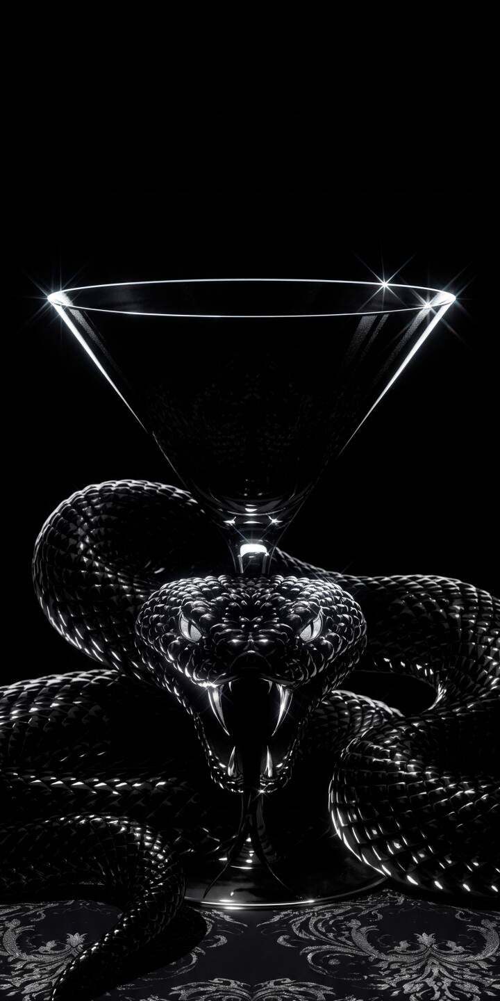 Glistening scales catch the light as a dangerous black viper, fangs bared, coils menacingly around a sleek martini glass in this stunning 4K wallpaper, making it a sophisticated choice for your iPhone wallpaper collection. | dark snake iphone minimalist wallpaper black and white mobile elegant 4k wallpaper hd wallpaper viper martini glass Glistening scales catch the light as a dangerous black viper, fangs bared, coils menacingly around a sleek martini glass in this stunning 4K wallpaper, making it a sophisticated choice for your iPhone wallpaper collection.