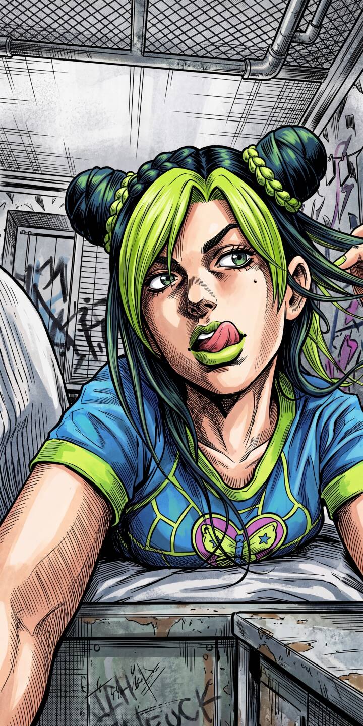 Jolyne Cujoh's vibrant green hair and matching lips, with her tongue playfully licking them, create a captivating look in this striking 4K wallpaper. This dynamic wallpaper is perfect for personalizing your iPhone with an anime aesthetic. | anime manga iphone wallpaper jojo graffiti mobile 4k wallpaper hd wallpaper green hair jolyne cujoh jolyne Jolyne Cujoh's vibrant green hair and matching lips, with her tongue playfully licking them, create a captivating look in this striking 4K wallpaper. This dynamic wallpaper is perfect for personalizing your iPhone with an anime aesthetic.