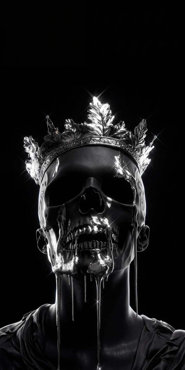 Striking silver details gleam from a majestic leaf-adorned crown atop a dark metallic skull, with black liquid eerily dripping from its chin in this stunning 4K wallpaper—a truly unique wallpaper for your iPhone. | aesthetic dark crown gothic skull iphone wallpaper dripping mobile metallic 4k wallpaper hd wallpaper Striking silver details gleam from a majestic leaf-adorned crown atop a dark metallic skull, with black liquid eerily dripping from its chin in this stunning 4K wallpaper—a truly unique wallpaper for your iPhone.