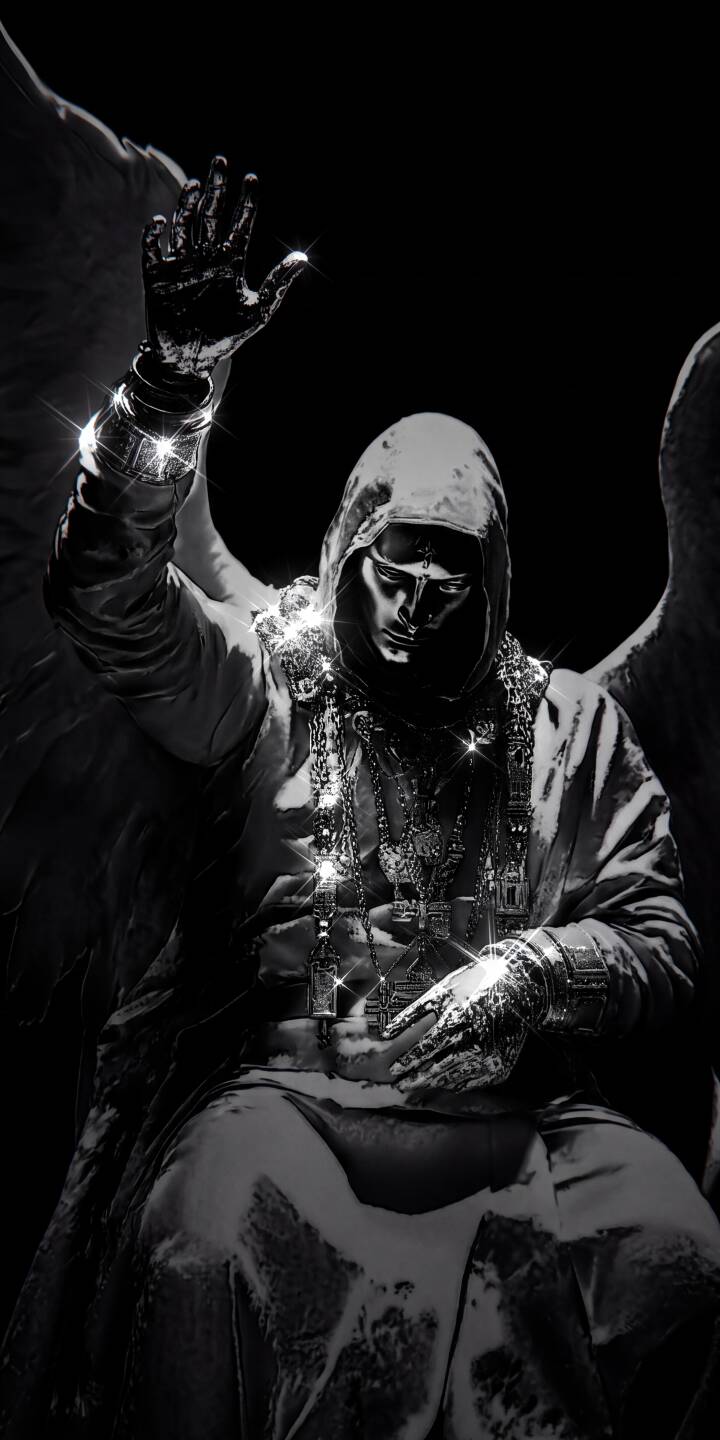 Glittering chains and armor sparkle on a mysterious hooded angel, extending a hand in a commanding pose in this striking monochromatic 4K wallpaper — an epic wallpaper for iPhone users seeking a dark fantasy aesthetic. | angel gothic iphone fantasy wallpaper sparkling mobile 4k wallpaper hd wallpaper monochromatic hooded figure dark angel Glittering chains and armor sparkle on a mysterious hooded angel, extending a hand in a commanding pose in this striking monochromatic 4K wallpaper — an epic wallpaper for iPhone users seeking a dark fantasy aesthetic.