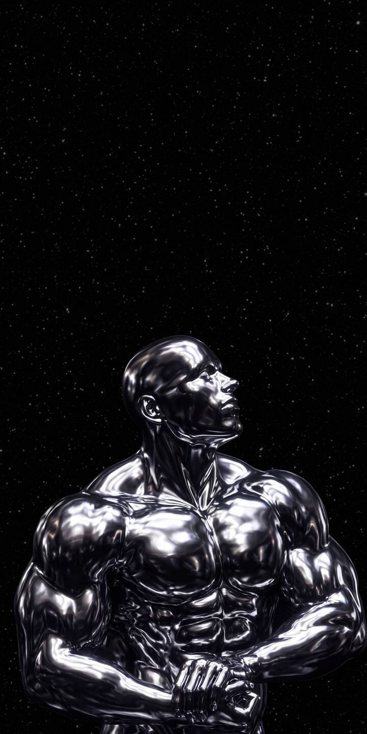 The intensely reflective, chrome-like musculature of this powerful android shines against a vast, star-speckled dark cosmos in this striking 4K wallpaper. This unique metallic figure, looking skyward, creates a captivating aesthetic, making it an ideal wallpaper for iPhone users seeking a blend of strength and futuristic design. | chrome iphone wallpaper futuristic mobile android 4k wallpaper hd wallpaper muscular space aesthetic cosmic metallic man The intensely reflective, chrome-like musculature of this powerful android shines against a vast, star-speckled dark cosmos in this striking 4K wallpaper. This unique metallic figure, looking skyward, creates a captivating aesthetic, making it an ideal wallpaper for iPhone users seeking a blend of strength and futuristic design.