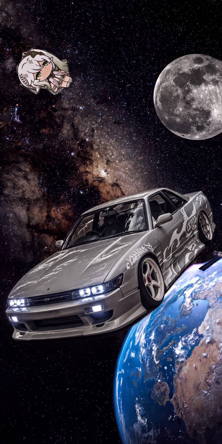 The sleek silver Nissan Silvia S13, adorned with custom white decals and bright glowing headlights, drifts effortlessly over a vibrant Earth as the moon hangs large in the starry galaxy background. This epic 4K space wallpaper for iPhone captures the classic JDM car in an otherworldly setting, making it a stellar mobile wallpaper choice. | moon space earth iphone galaxy wallpaper mobile s13 4k wallpaper hd wallpaper jdm car nissan silvia The sleek silver Nissan Silvia S13, adorned with custom white decals and bright glowing headlights, drifts effortlessly over a vibrant Earth as the moon hangs large in the starry galaxy background. This epic 4K space wallpaper for iPhone captures the classic JDM car in an otherworldly setting, making it a stellar mobile wallpaper choice.