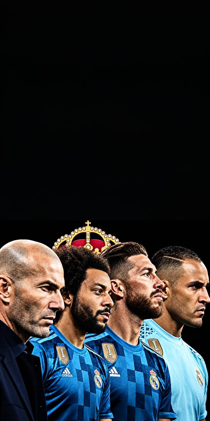 The iconic gold crown of Real Madrid majestically rises behind Zinedine Zidane, Marcelo, Sergio Ramos, and Keylor Navas, who stand in their striking blue kits in this powerful 4K wallpaper. This is an essential iPhone wallpaper for any true Los Blancos fan. | football iphone real madrid wallpaper champions mobile sergio ramos 4k wallpaper hd wallpaper marcelo zidane keylor navas The iconic gold crown of Real Madrid majestically rises behind Zinedine Zidane, Marcelo, Sergio Ramos, and Keylor Navas, who stand in their striking blue kits in this powerful 4K wallpaper. This is an essential iPhone wallpaper for any true Los Blancos fan.