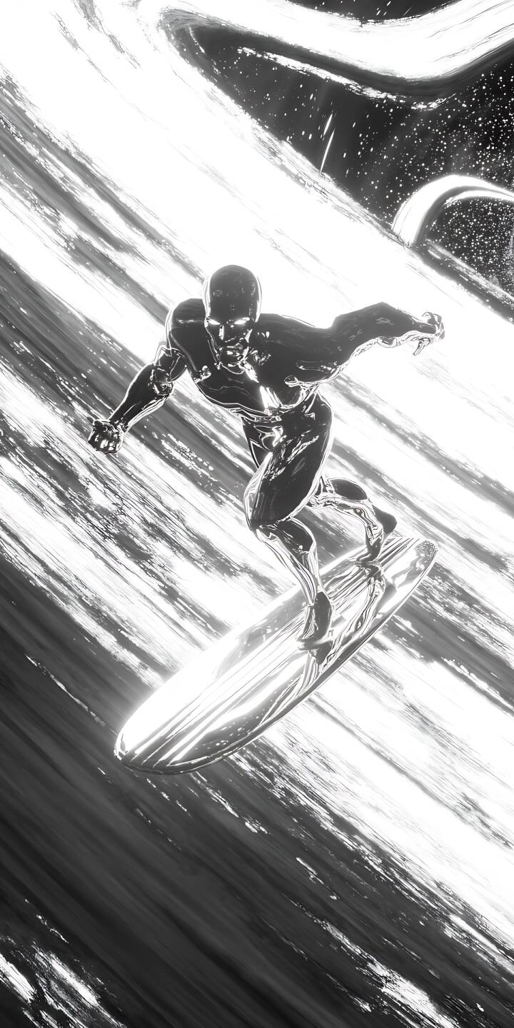 The gleaming metallic form of the Silver Surfer commands attention as he glides across a dynamic, brushstroke-like cosmic background in this stunning 4K wallpaper. This captivating wallpaper is perfect for personalizing your iPhone with an iconic hero's journey. | superhero marvel iphone wallpaper silver surfer mobile metallic 4k wallpaper hd wallpaper sci-fi cosmic norrin radd The gleaming metallic form of the Silver Surfer commands attention as he glides across a dynamic, brushstroke-like cosmic background in this stunning 4K wallpaper. This captivating wallpaper is perfect for personalizing your iPhone with an iconic hero's journey.