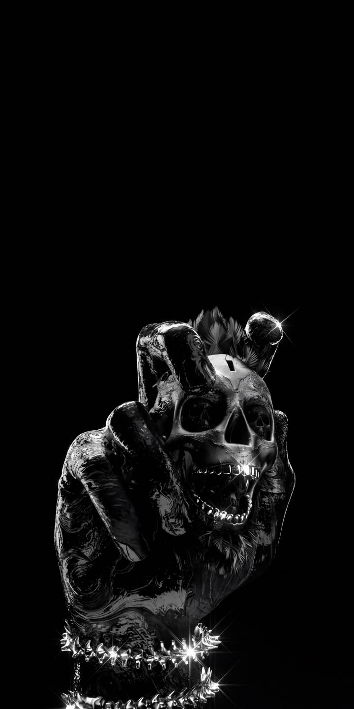 A glossy, metallic black hand menacingly grips a horned skull, whose gleaming teeth and punk-inspired mohawk stand out against the dark backdrop in this striking 4K wallpaper. This intense digital art offers an edgy aesthetic, making it a powerful wallpaper for iPhone. | dark gothic skull iphone wallpaper mobile digital art metallic 4k wallpaper hd wallpaper horns monochrome A glossy, metallic black hand menacingly grips a horned skull, whose gleaming teeth and punk-inspired mohawk stand out against the dark backdrop in this striking 4K wallpaper. This intense digital art offers an edgy aesthetic, making it a powerful wallpaper for iPhone.