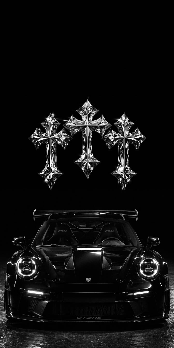 Gleaming chrome crosses with faceted diamond details hover strikingly above a sleek black Porsche GT3 RS in this intense 4K wallpaper. This dynamic dark aesthetic makes an exceptional statement wallpaper for your iPhone. | iphone porsche wallpaper mobile luxury car gt3 rs 4k wallpaper hd wallpaper dark aesthetic monochrome chrome crosses Gleaming chrome crosses with faceted diamond details hover strikingly above a sleek black Porsche GT3 RS in this intense 4K wallpaper. This dynamic dark aesthetic makes an exceptional statement wallpaper for your iPhone.
