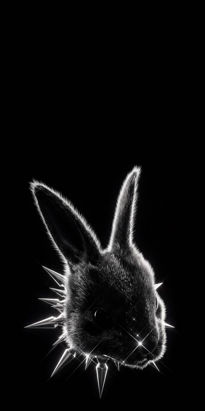 Sparkling metal spikes glitter menacingly around the fluffy neck of this enigmatic dark rabbit, creating a uniquely edgy and captivating 4K wallpaper — a must-have wallpaper for iPhone users seeking a bold, monochromatic statement. | dark iphone rabbit bunny wallpaper mobile 4k wallpaper hd wallpaper spikes monochromatic edgy glitter Sparkling metal spikes glitter menacingly around the fluffy neck of this enigmatic dark rabbit, creating a uniquely edgy and captivating 4K wallpaper — a must-have wallpaper for iPhone users seeking a bold, monochromatic statement.