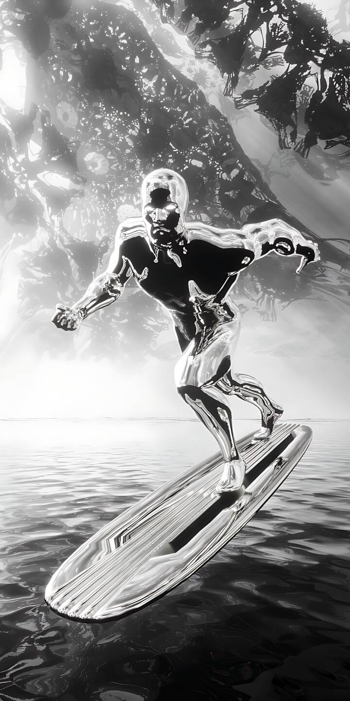 The iconic Silver Surfer shines with a highly reflective chrome finish, carving across dark, rippling waters against a shimmering ethereal backdrop in this stunning 4K wallpaper. This dynamic wallpaper is perfect for personalizing your iPhone screen. | superhero chrome marvel iphone wallpaper futuristic silver surfer mobile 4k wallpaper hd wallpaper sci-fi cosmic The iconic Silver Surfer shines with a highly reflective chrome finish, carving across dark, rippling waters against a shimmering ethereal backdrop in this stunning 4K wallpaper. This dynamic wallpaper is perfect for personalizing your iPhone screen.