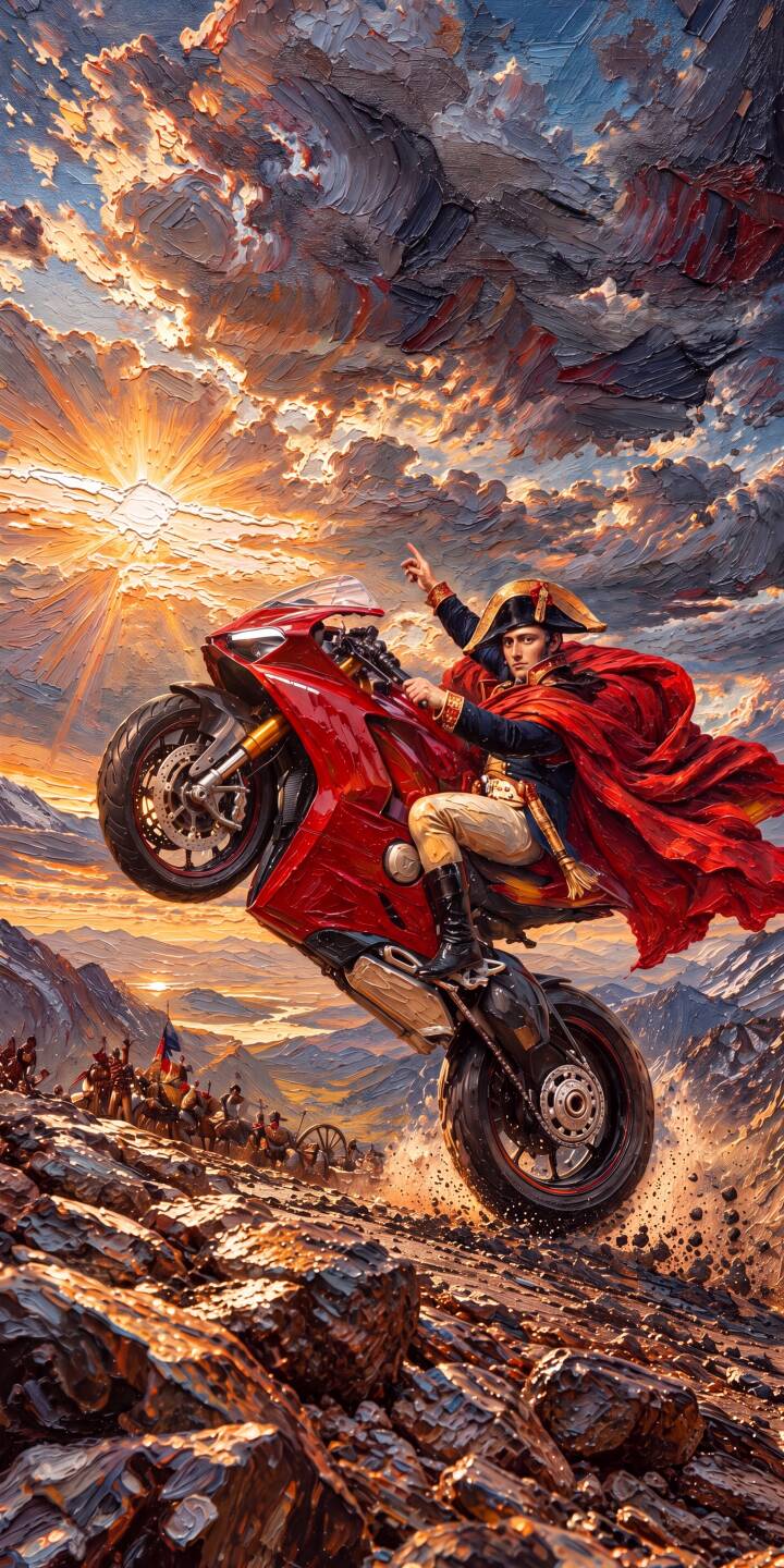 With his iconic red cape flowing dramatically, Emperor Napoleon conquers a rocky mountain pass on a powerful red motorcycle doing a wheelie, creating an epic 4K wallpaper. This stunning and surreal wallpaper is perfect for iPhone users seeking a dynamic and historical-meets-modern aesthetic. | iphone wallpaper mobile 4k wallpaper hd wallpaper epic surreal art historical fantasy red motorcycle napoleon wheelie bonaparte With his iconic red cape flowing dramatically, Emperor Napoleon conquers a rocky mountain pass on a powerful red motorcycle doing a wheelie, creating an epic 4K wallpaper. This stunning and surreal wallpaper is perfect for iPhone users seeking a dynamic and historical-meets-modern aesthetic.