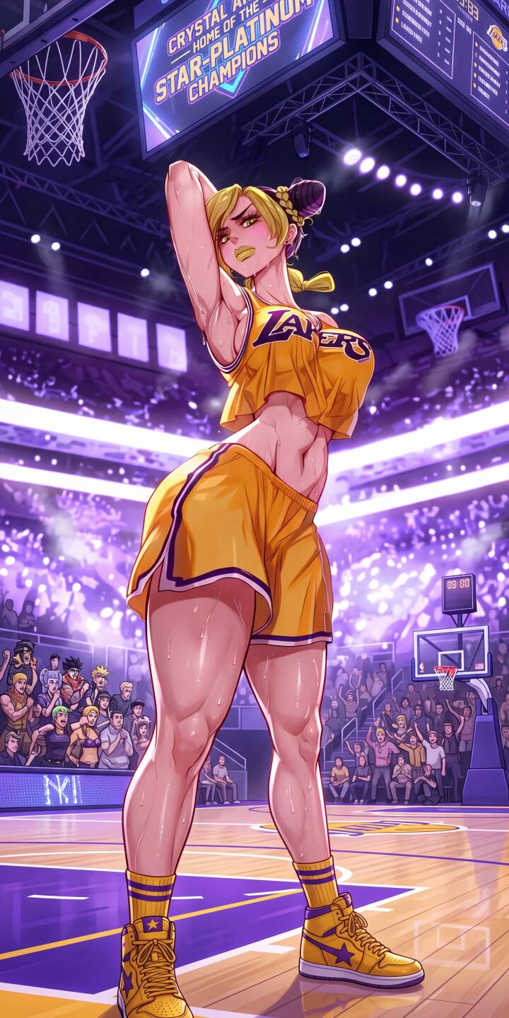 Jolyne Cujoh's fierce gaze dominates this 4K wallpaper as she strikes a powerful pose in her Lakers uniform on a packed basketball court. This vibrant anime-style wallpaper featuring strong visuals is a must-have for your iPhone. | basketball lakers anime iphone wallpaper jojo mobile 4k wallpaper hd wallpaper muscular jolyne cujoh jolyne Jolyne Cujoh's fierce gaze dominates this 4K wallpaper as she strikes a powerful pose in her Lakers uniform on a packed basketball court. This vibrant anime-style wallpaper featuring strong visuals is a must-have for your iPhone.