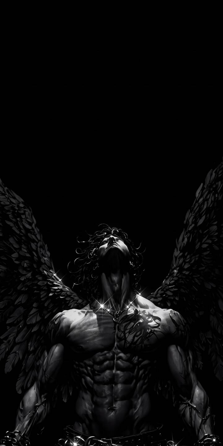 A powerful, dark-winged figure with intricate feathering gazes skyward, showcasing an intensely muscular physique and subtle light reflections off glistening chains in this striking 4K wallpaper. This stunning dark angel wallpaper is a captivating choice for any iPhone user seeking a mythic aesthetic. | aesthetic gothic iphone fantasy wallpaper black and white mobile 4k wallpaper hd wallpaper fallen angel dark angel mythic A powerful, dark-winged figure with intricate feathering gazes skyward, showcasing an intensely muscular physique and subtle light reflections off glistening chains in this striking 4K wallpaper. This stunning dark angel wallpaper is a captivating choice for any iPhone user seeking a mythic aesthetic.