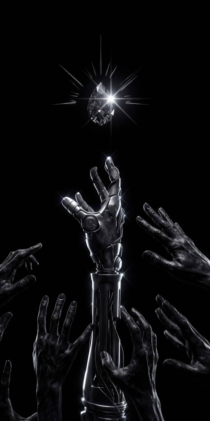 A brilliant, faceted diamond sparkles intensely, illuminated by a futuristic chrome robotic hand reaching upwards in this dramatic 4K wallpaper. Surrounded by many dark, gnarled hands, this compelling wallpaper for iPhone explores themes of desire and technology. | dark diamond chrome iphone abstract cyberpunk wallpaper futuristic mobile 4k wallpaper hd wallpaper robotic hand A brilliant, faceted diamond sparkles intensely, illuminated by a futuristic chrome robotic hand reaching upwards in this dramatic 4K wallpaper. Surrounded by many dark, gnarled hands, this compelling wallpaper for iPhone explores themes of desire and technology.