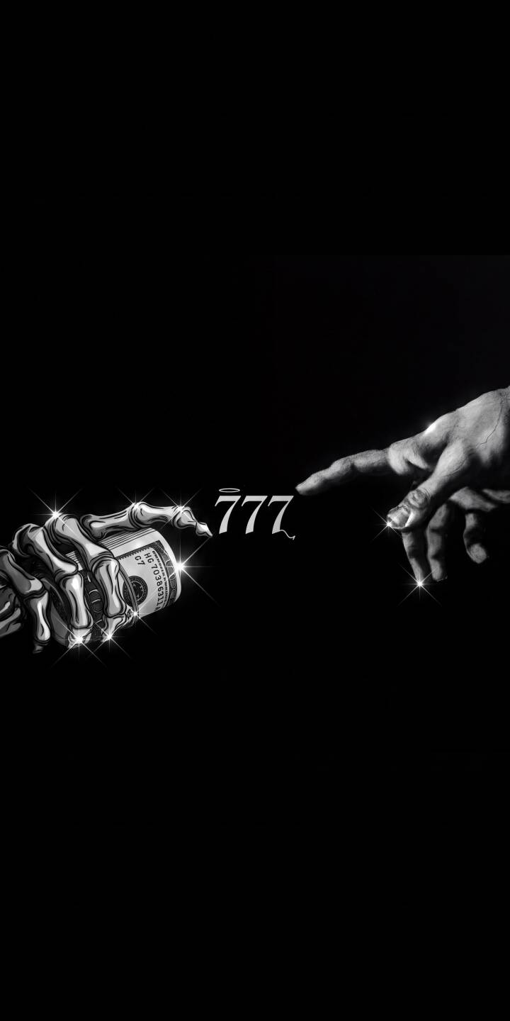 Glistening with metallic highlights, a skeletal hand tightly grips a wad of $100 bills, extending towards a human hand with a radiant '777' hovering between them in this striking 4K wallpaper. This opulent and dark aesthetic wallpaper is a perfect fit for any iPhone. | money iphone luxury minimalist wallpaper mobile 4k wallpaper hd wallpaper dark aesthetic 777 fate skeleton hand Glistening with metallic highlights, a skeletal hand tightly grips a wad of $100 bills, extending towards a human hand with a radiant '777' hovering between them in this striking 4K wallpaper. This opulent and dark aesthetic wallpaper is a perfect fit for any iPhone.