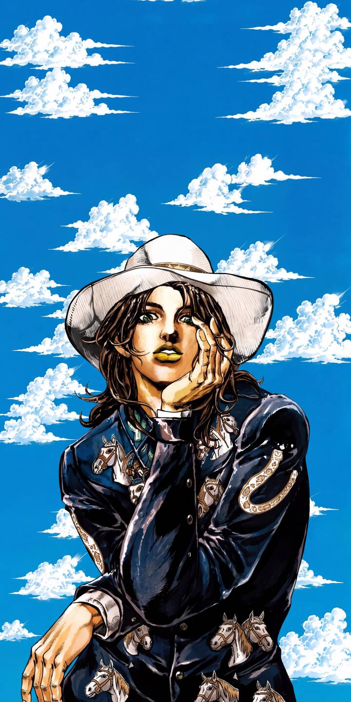 Ringo Roadagain's intense gaze and distinctive yellow lips anchor this striking 4K wallpaper, featuring his intricately patterned suit adorned with horse heads against a vibrant blue sky – a perfect wallpaper for your iPhone. | aesthetic cowboy anime manga iphone wallpaper mobile 4k wallpaper hd wallpaper steel ball run jojo bizarre adventure ringo roadagain Ringo Roadagain's intense gaze and distinctive yellow lips anchor this striking 4K wallpaper, featuring his intricately patterned suit adorned with horse heads against a vibrant blue sky – a perfect wallpaper for your iPhone.