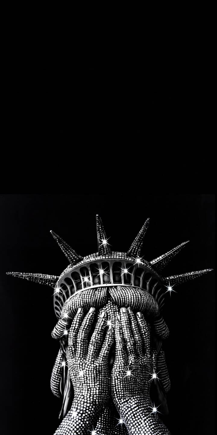 The iconic Statue of Liberty covers her face in shimmering, studded despair against a stark black background in this powerful 4K wallpaper. This deeply symbolic black and white artwork makes a compelling wallpaper for iPhone users seeking a unique and evocative statement. | art iphone wallpaper black and white sparkling mobile 4k wallpaper hd wallpaper statue of liberty lady liberty symbolic studded The iconic Statue of Liberty covers her face in shimmering, studded despair against a stark black background in this powerful 4K wallpaper. This deeply symbolic black and white artwork makes a compelling wallpaper for iPhone users seeking a unique and evocative statement.