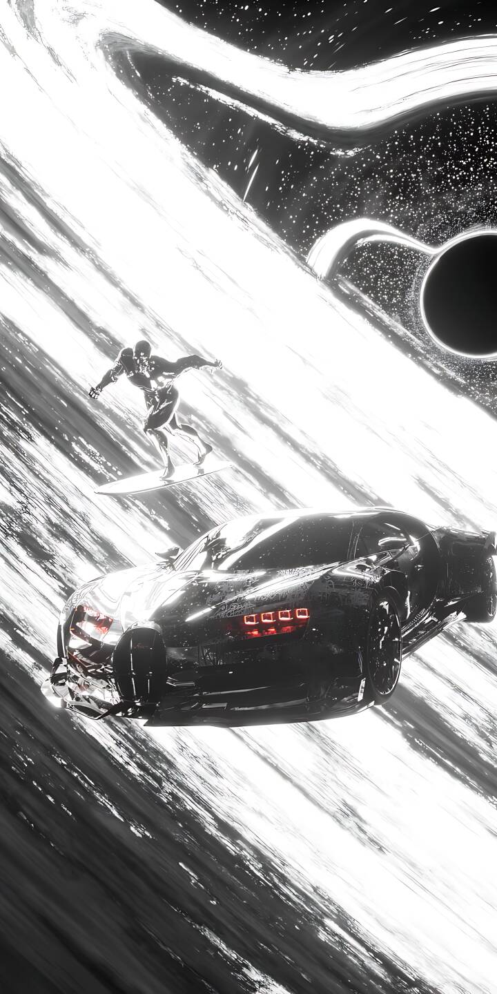 A dynamic black Bugatti supercar, gleaming with bright red taillights, floats through a stylized cosmic backdrop, with the iconic Silver Surfer gliding above his board. This epic 4K wallpaper for iPhone presents a surreal space-faring scene, making it a must-have mobile wallpaper. | space iphone bugatti wallpaper futuristic silver surfer mobile bugatti chiron 4k wallpaper hd wallpaper surreal cosmic A dynamic black Bugatti supercar, gleaming with bright red taillights, floats through a stylized cosmic backdrop, with the iconic Silver Surfer gliding above his board. This epic 4K wallpaper for iPhone presents a surreal space-faring scene, making it a must-have mobile wallpaper.