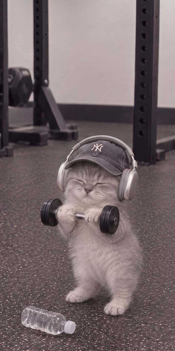 This adorable kitten, with eyes squeezed shut in concentration, flexes tiny muscles as it lifts a small dumbbell while wearing a Yankees cap and silver headphones, all captured in this charming 4K wallpaper. A purr-fectly motivating wallpaper for iPhone, it brings a touch of humor and cuteness to your screen. | cat gym cute iphone wallpaper kitten mobile kawaii 4k wallpaper hd wallpaper funny animal workout This adorable kitten, with eyes squeezed shut in concentration, flexes tiny muscles as it lifts a small dumbbell while wearing a Yankees cap and silver headphones, all captured in this charming 4K wallpaper. A purr-fectly motivating wallpaper for iPhone, it brings a touch of humor and cuteness to your screen.